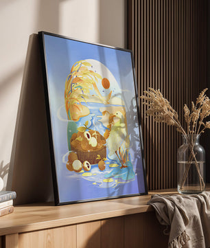 Serene landscape with a bird, fruit basket, and golden reeds under a bright sun