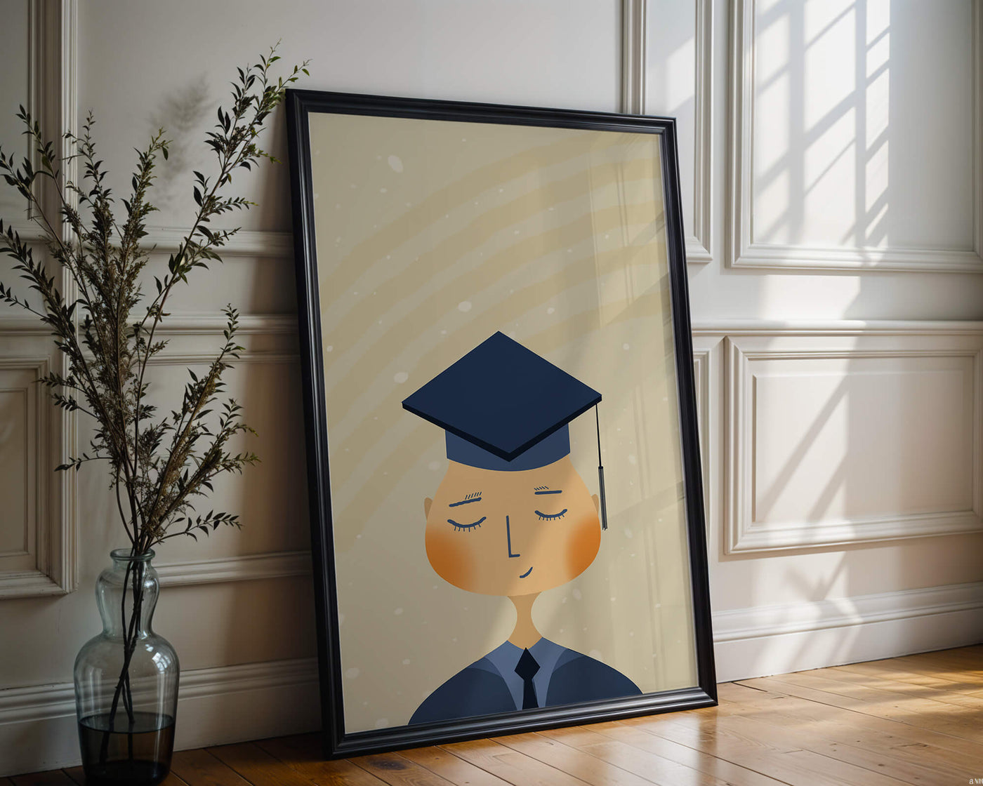 Illustration of a graduate with cap and closed eyes