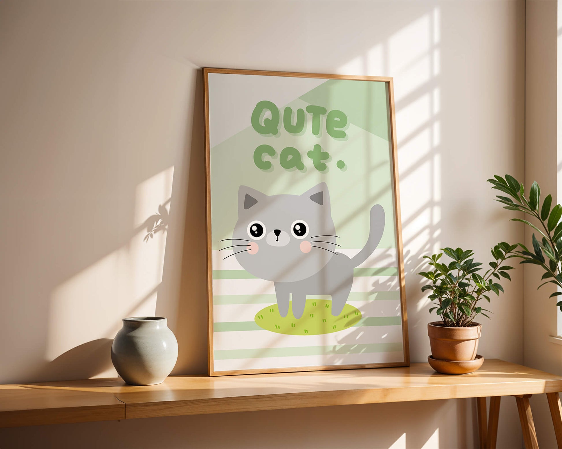Adorable cartoon cat illustration on pastel background