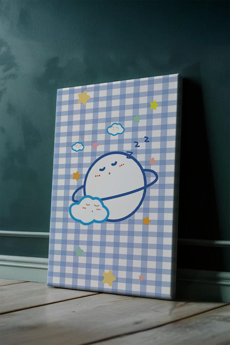 Whimsical sleep theme with planets and clouds on a checkered background