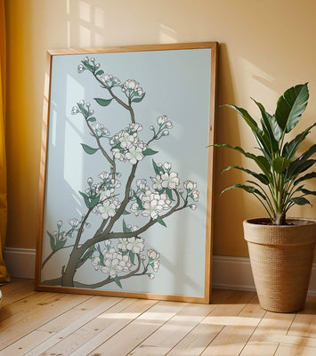 Delicate cherry blossoms on a soft blue background