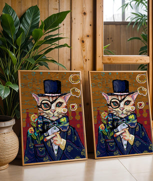 Skurriles Porträt einer Katze in Anzug und Zylinder mit Vintage-Flair