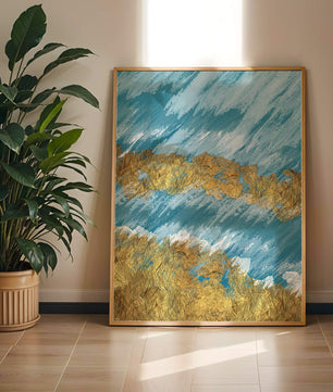 Pintura abstracta con textura dorada y fondo azul