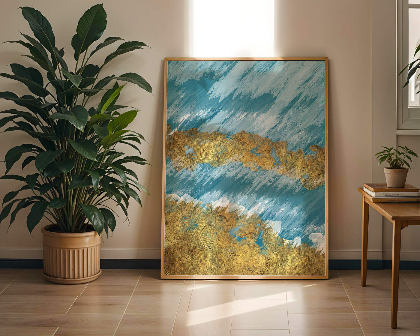 Abstract painting with gold texture and blue background
