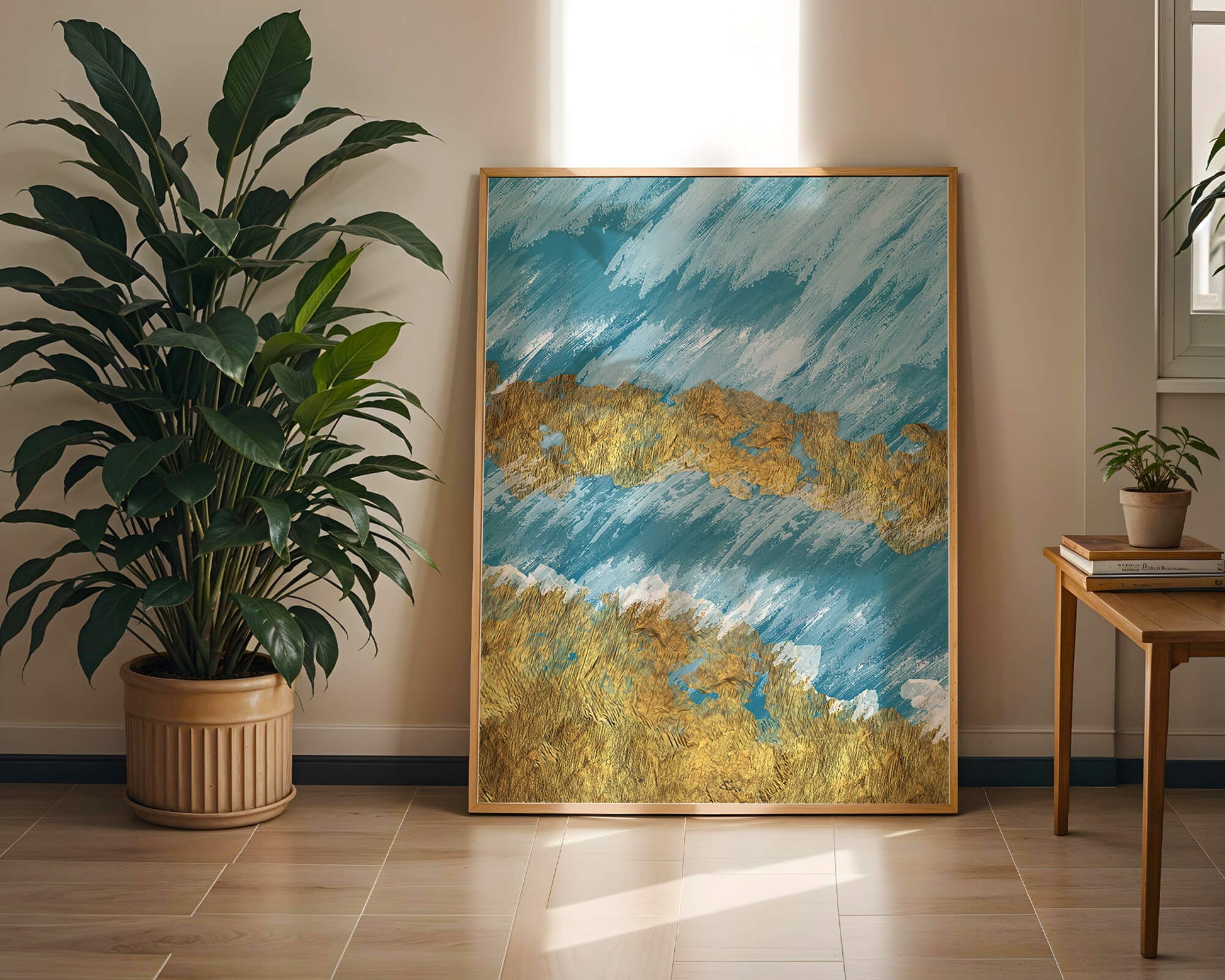 Abstract painting with gold texture and blue background