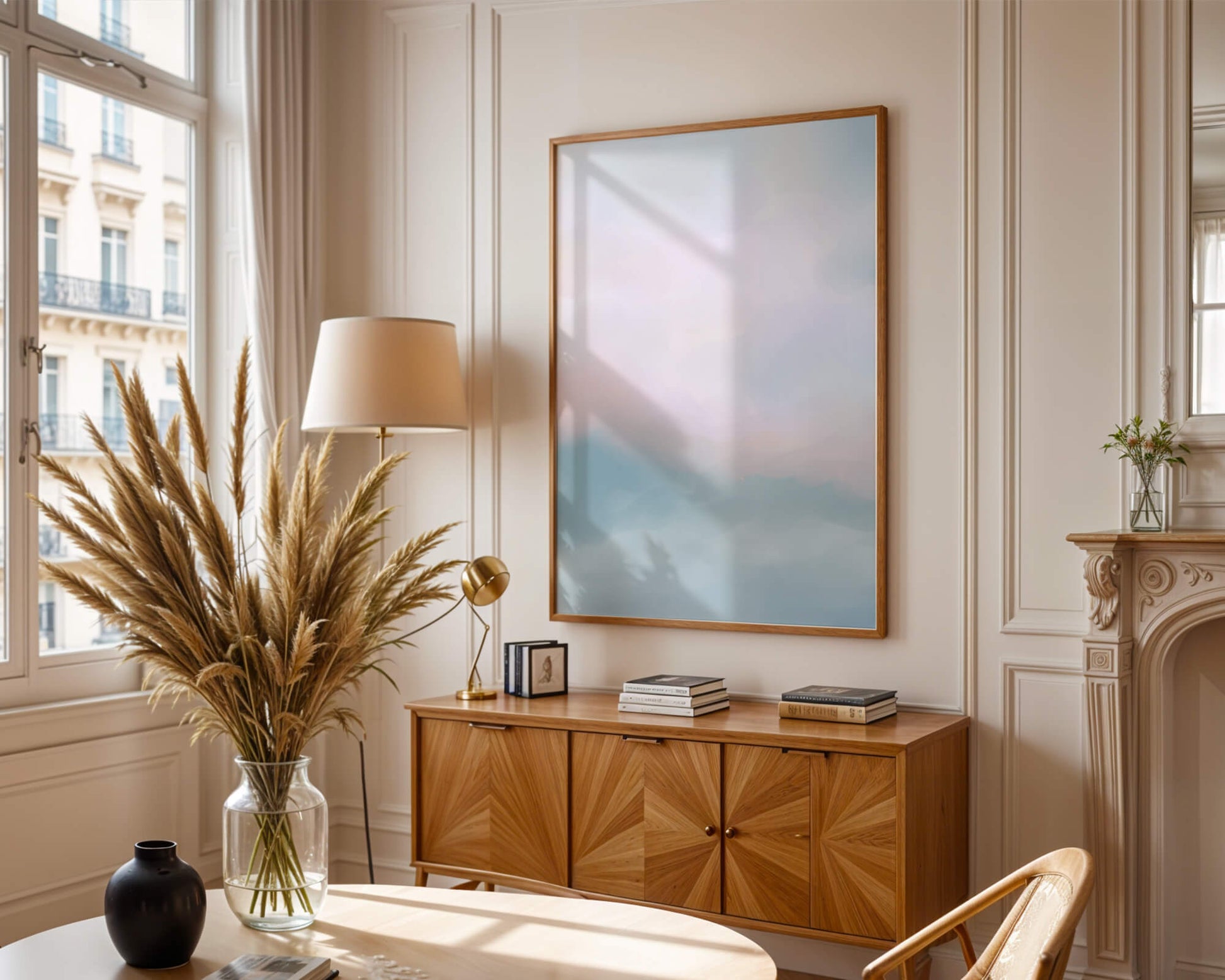 Paisaje de nubes abstracto con tonos suaves de rosa y azul