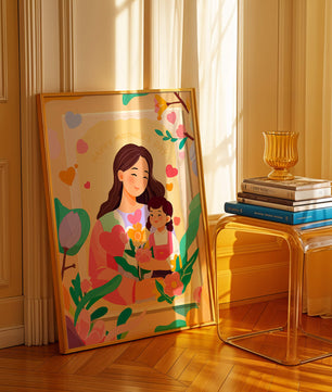 Ilustración de madre e hija con flores para el Día de la Madre