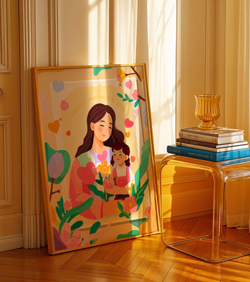 Illustration of mother and daughter with flowers for Mother's Day