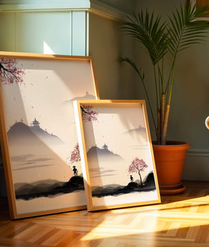 Paisaje sereno con árbol de cerezo y pagodas distantes