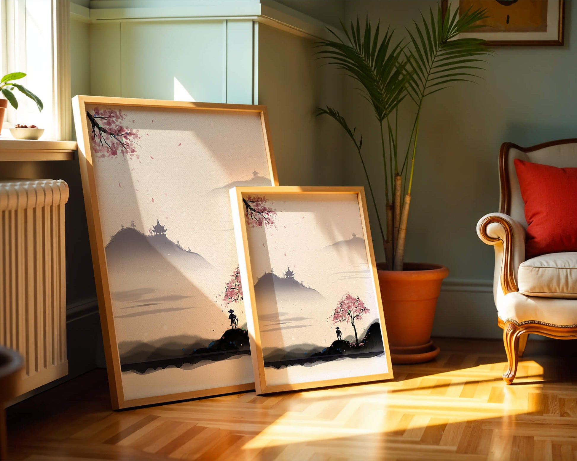 Paisaje sereno con árbol de cerezo y pagodas distantes