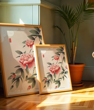 Oriental floral illustration with pink peonies and calligraphy