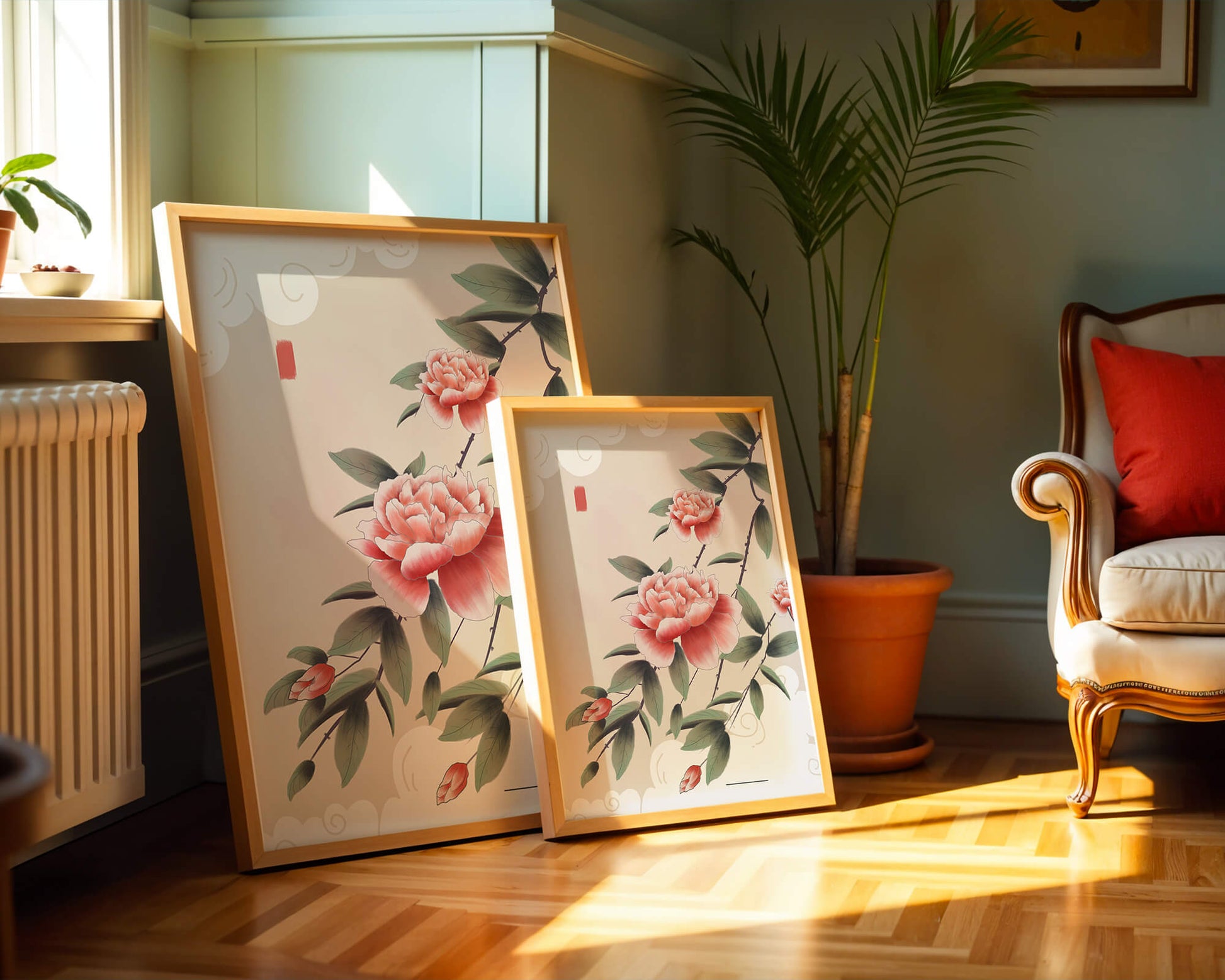 Oriental floral illustration with pink peonies and calligraphy