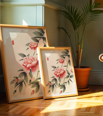 Oriental floral illustration with pink peonies and calligraphy