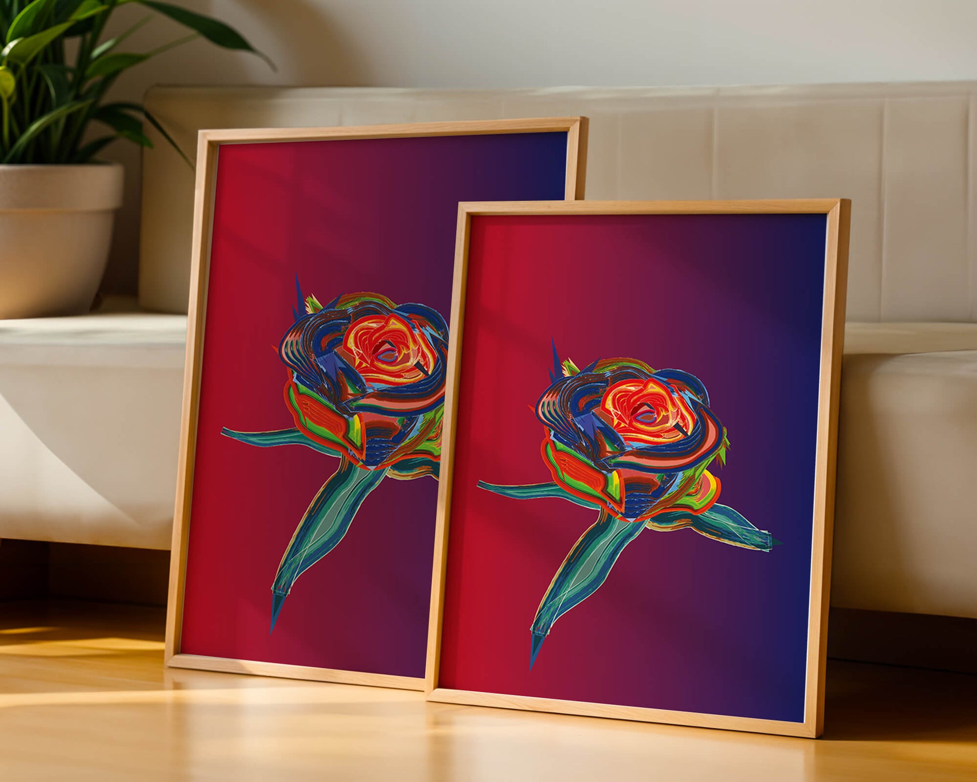 Rosa abstracta vibrante con colores dinámicos sobre fondo degradado