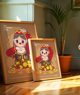 Illustration d’une figure culturelle ouïghoure portant un costume traditionnel et partageant un repas festif