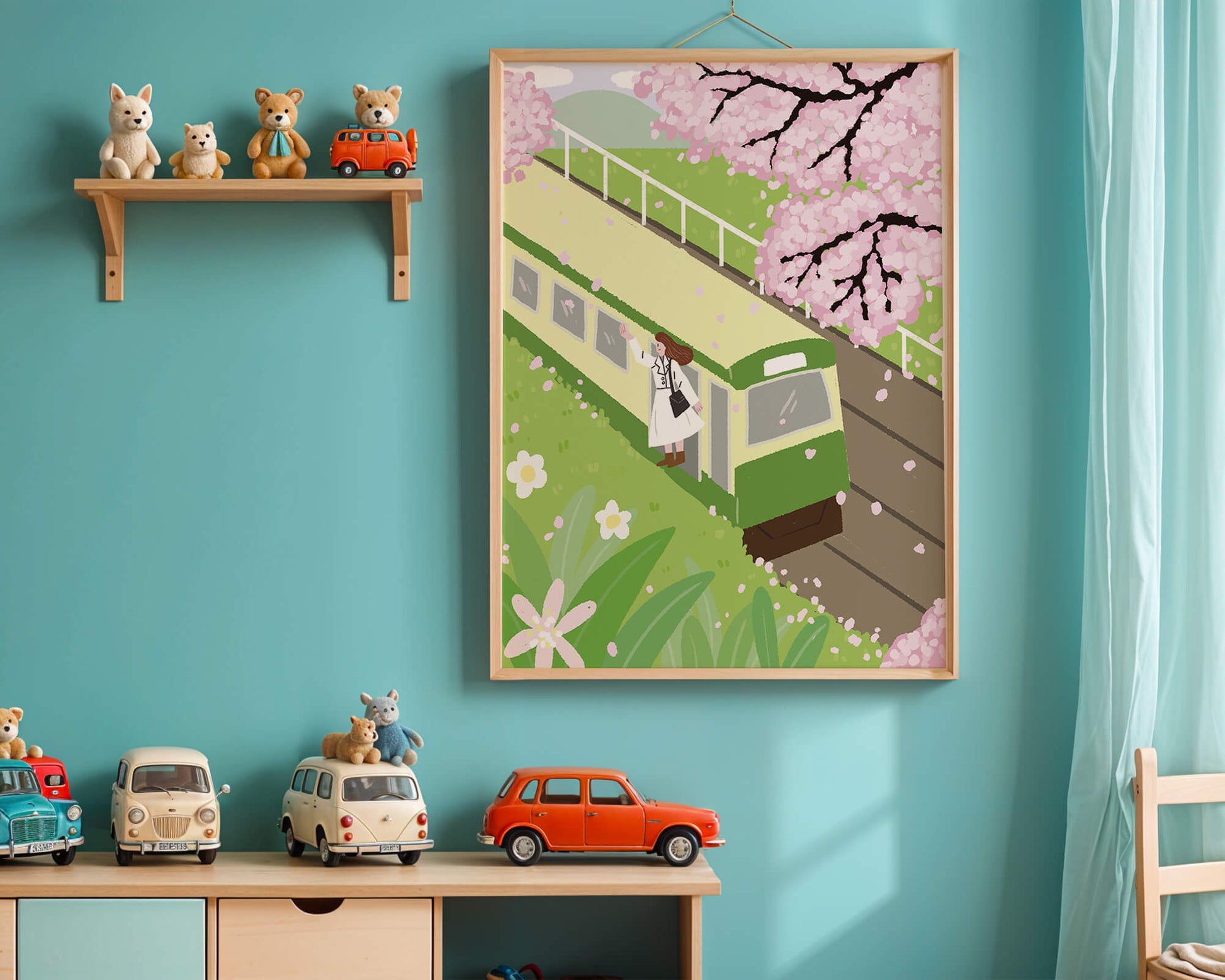 Cherry Blossoms and Train Scene in Spring Landscape