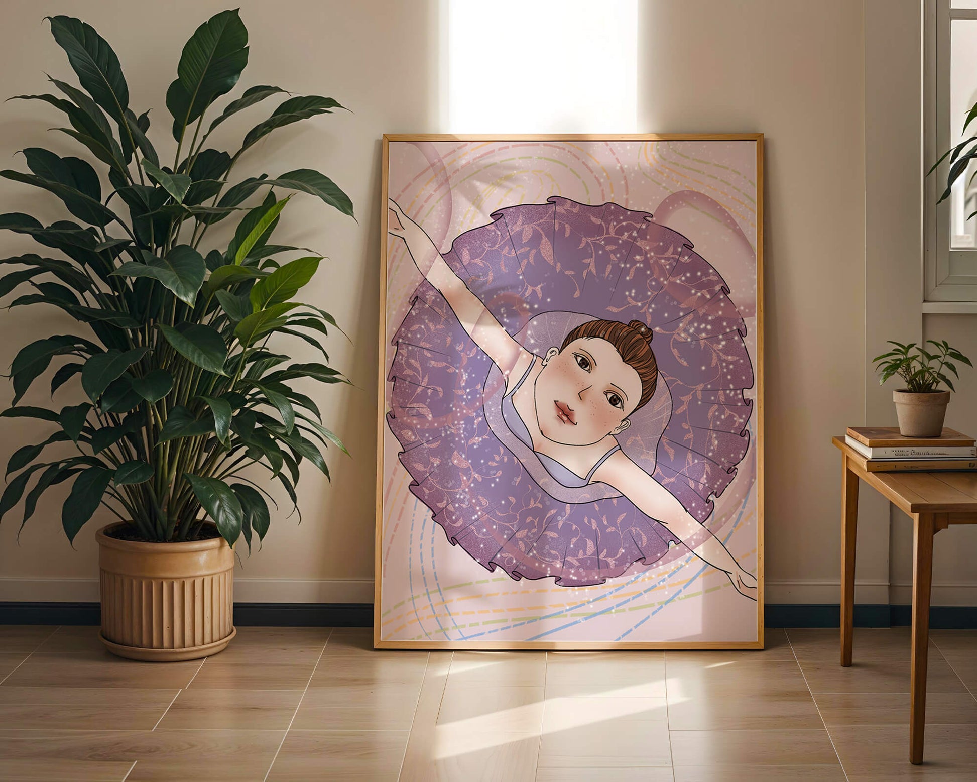 Graceful ballerina in a purple tutu with sparkling details