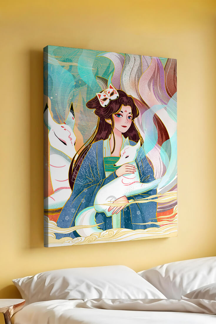 Woman with foxes in a mystical fantasy scene