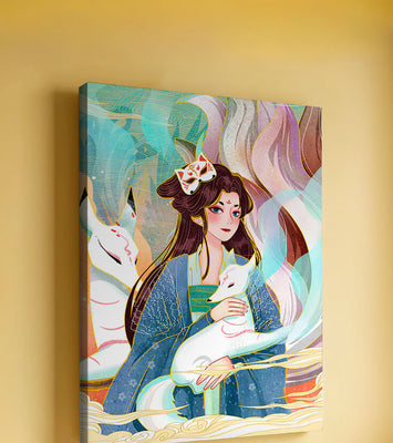 Woman with foxes in a mystical fantasy scene