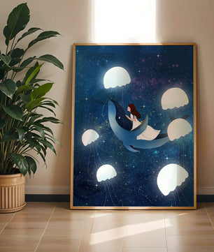 Dreamlike scene of a girl riding a whale among jellyfish in space