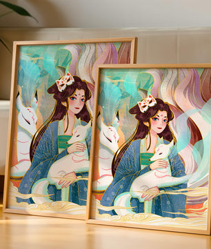 Œuvre de fantasy élégante mettant en scène une figure mystique accompagnée de renards et de couleurs vibrantes