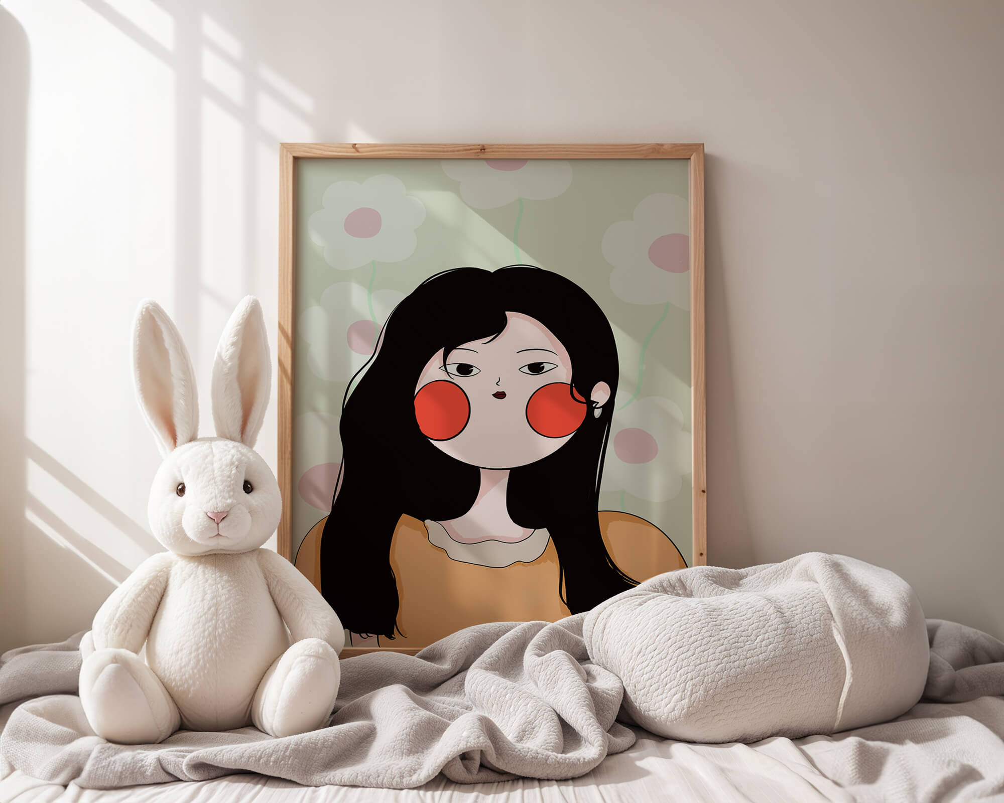 Charming illustration of a young woman with floral background