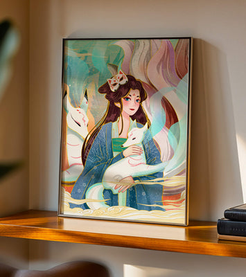 Woman with foxes in a mystical fantasy scene