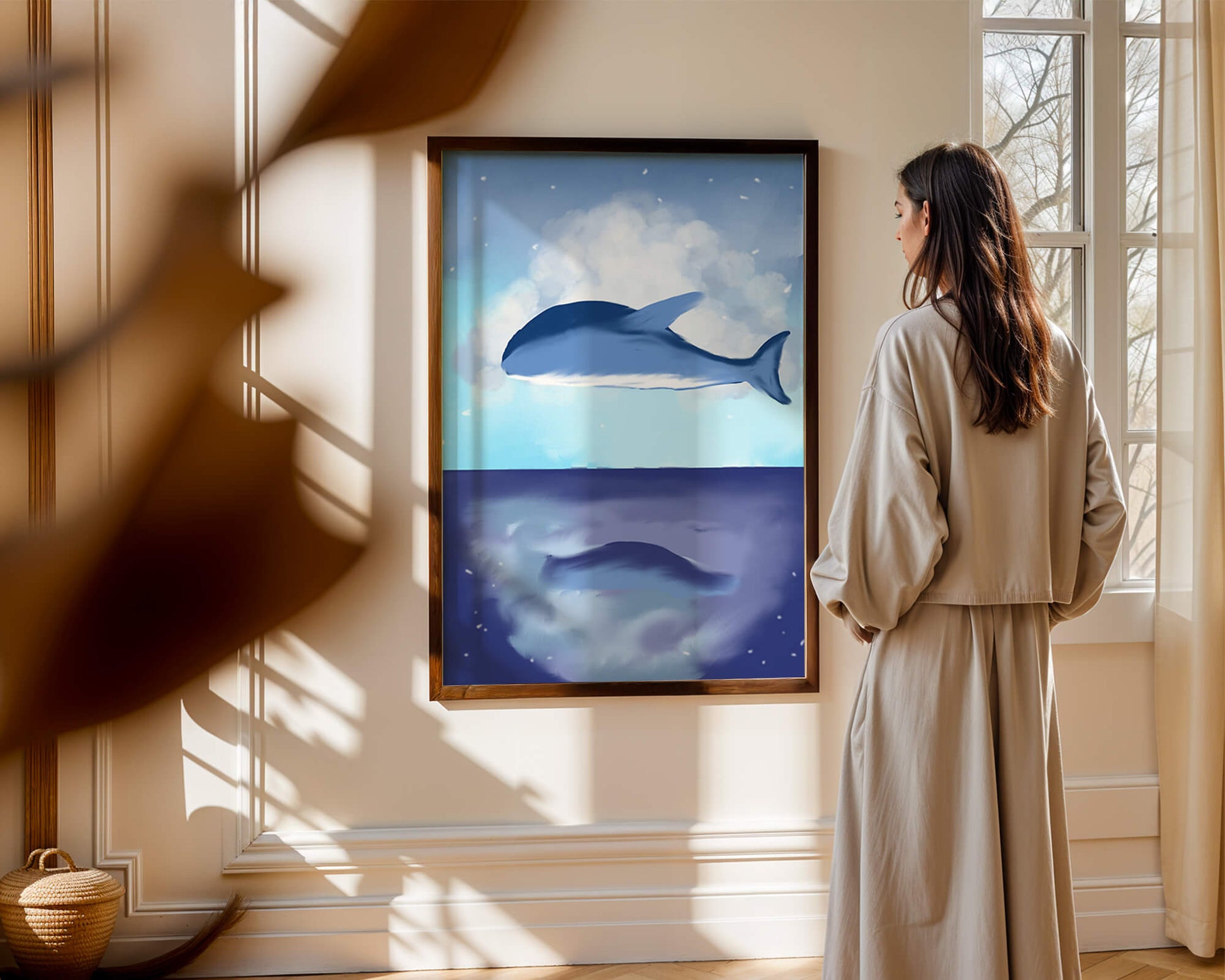 Surreal Ocean Scene with Floating Whale and Cloudy Sky Reflection