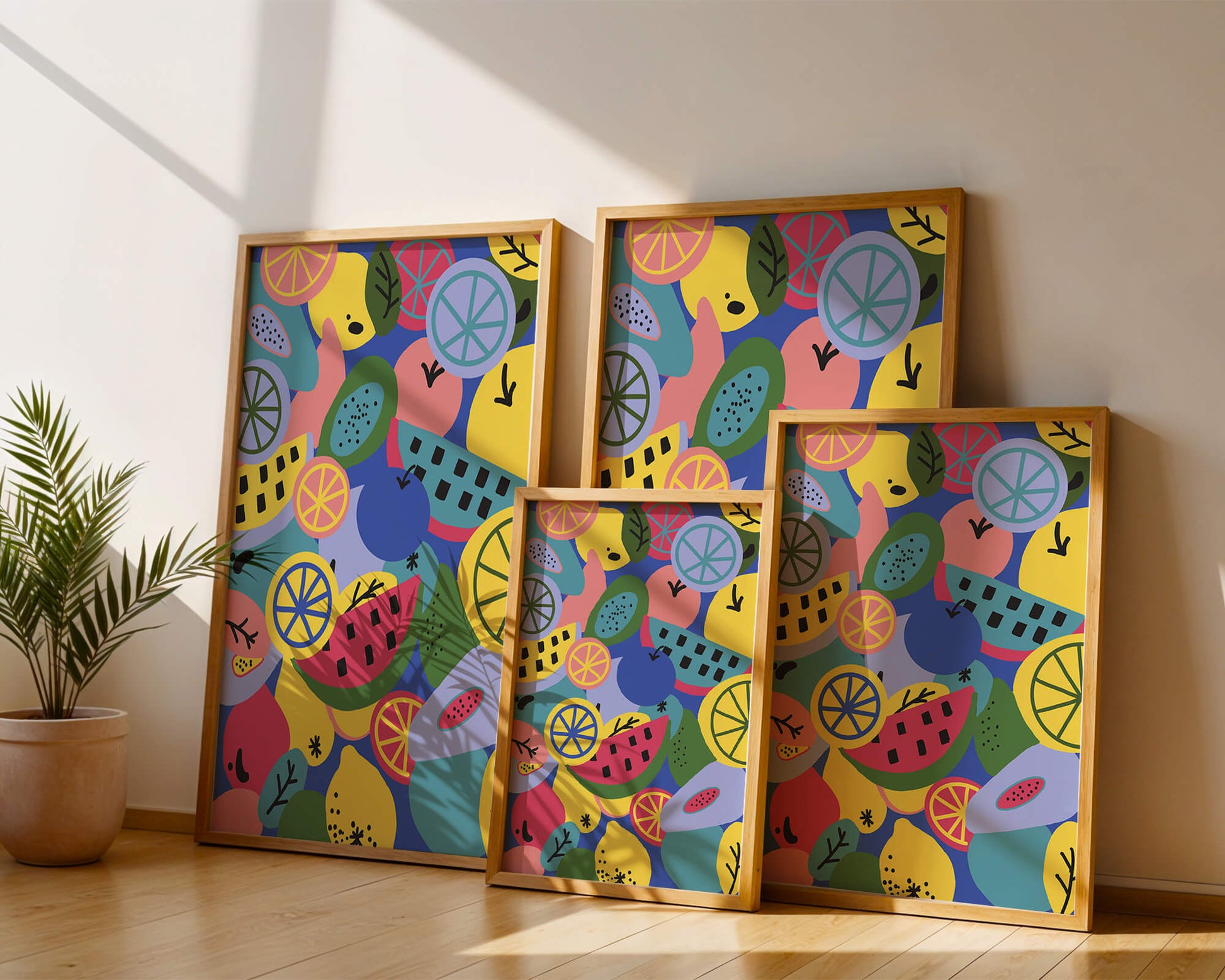 Patrón abstracto de frutas vibrantes con cítricos y melones sobre fondo azul