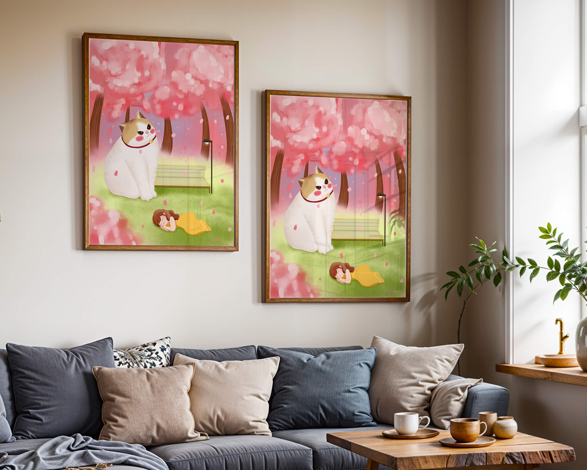 Whimsical scene with giant cat and girl under cherry blossoms