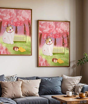 Whimsical scene with giant cat and girl under cherry blossoms