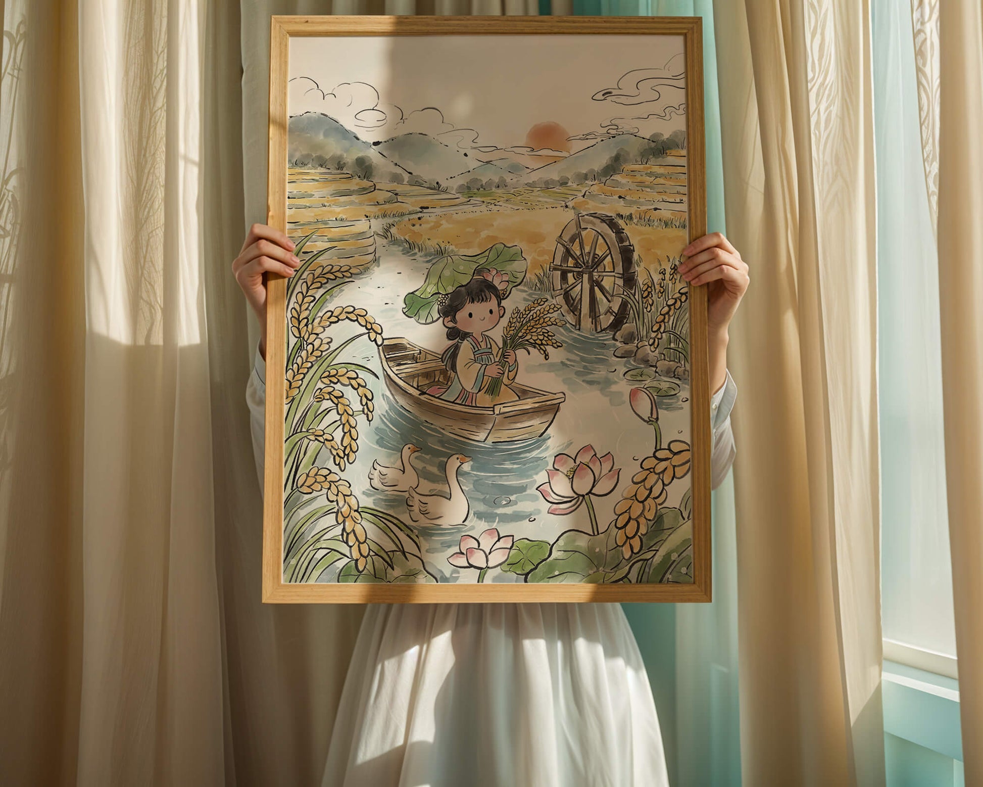 Niña en un bote con campos de arroz y atardecer de fondo