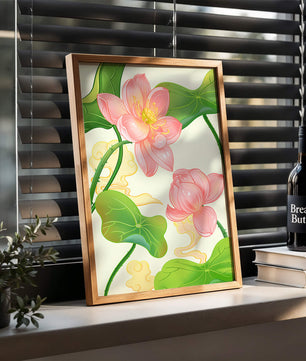 Illustration of pink lotus flowers with green leaves on a pastel background