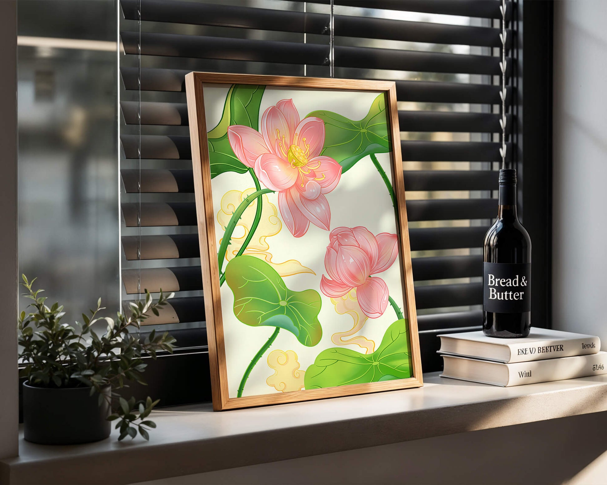 Illustration of pink lotus flowers with green leaves on a pastel background