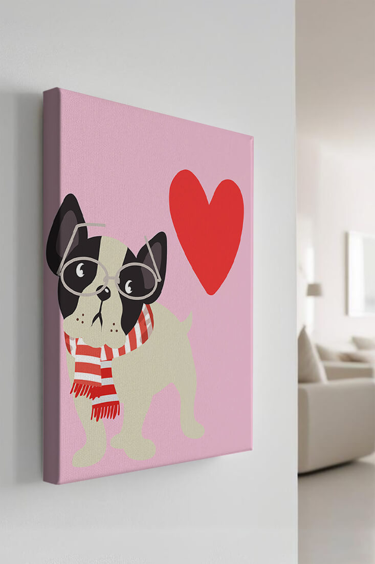 Ilustración lúdica de un bulldog francés con gafas y bufanda sobre fondo rosa con corazón