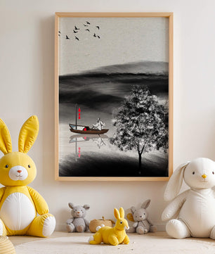 Voyage paisible en bateau dans un paysage serein avec oiseaux et arbre