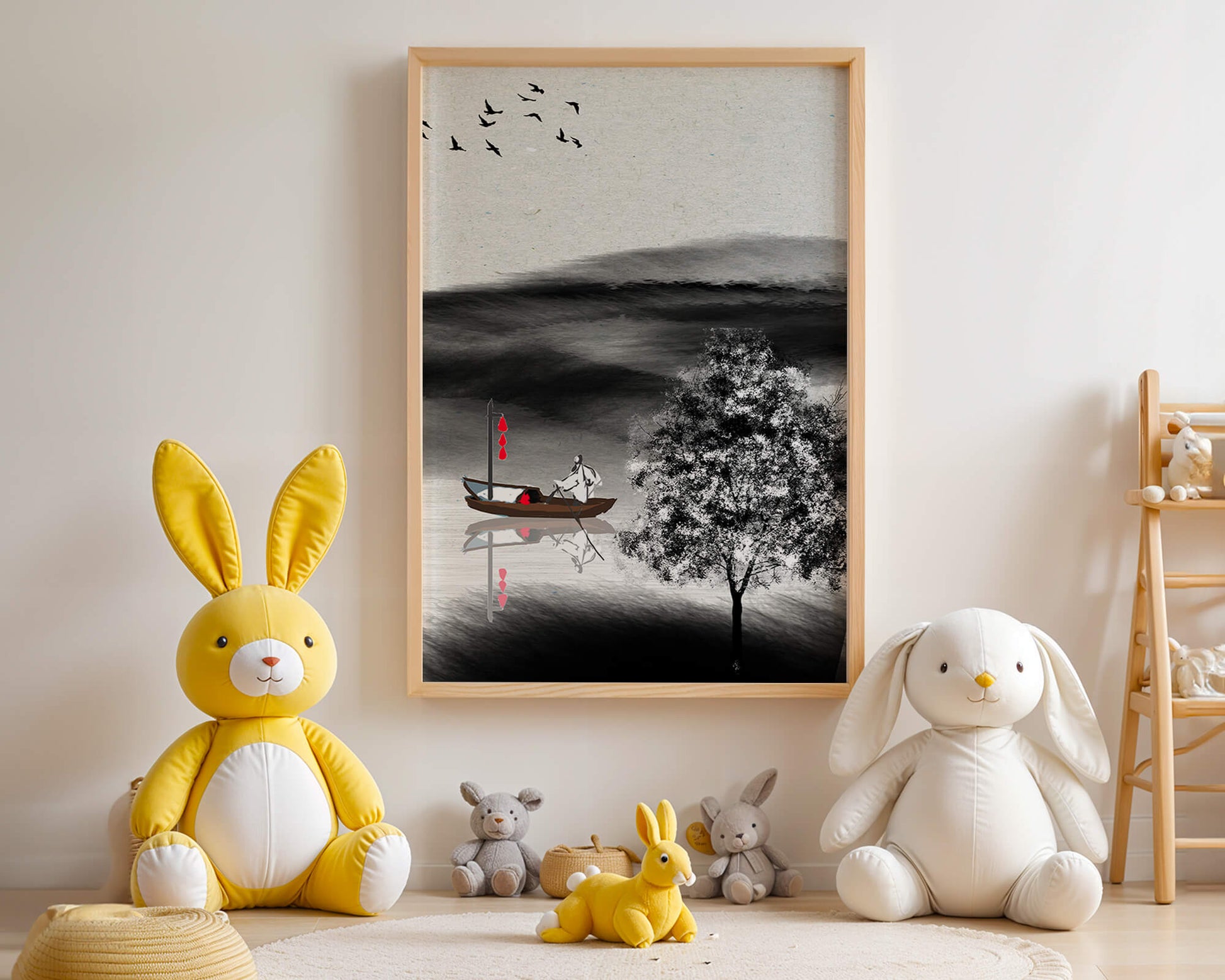 Tranquilo viaje en barco en un paisaje sereno con pájaros y árbol