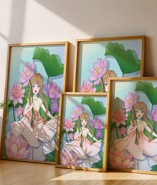 Illustration fantaisiste d'une jeune fille aux cheveux tressés parmi des fleurs de lotus