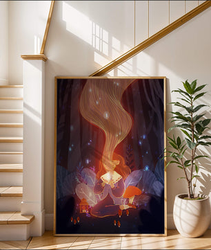 Magical forest scene with lantern and glowing hair