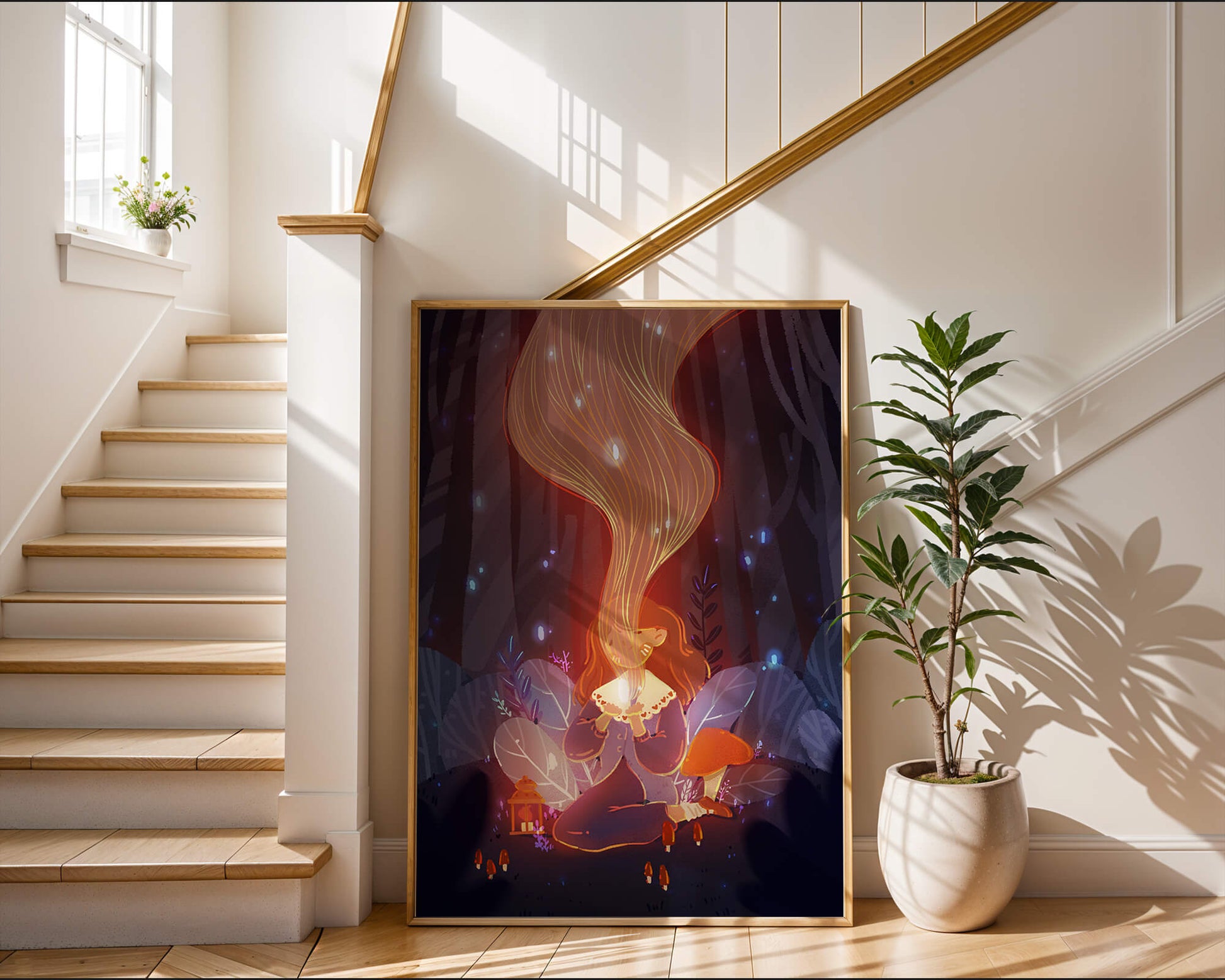 Magical forest scene with lantern and glowing hair