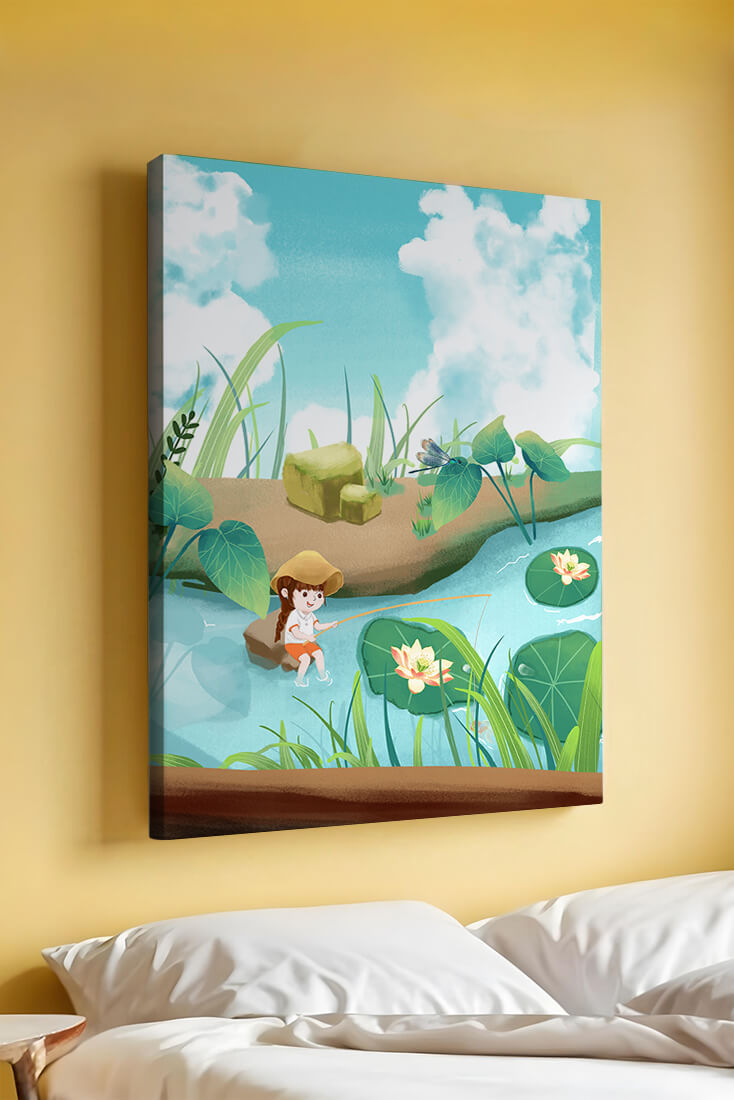 Ruhige Illustration eines Kindes, das an einem Teich mit Seerosen angelt