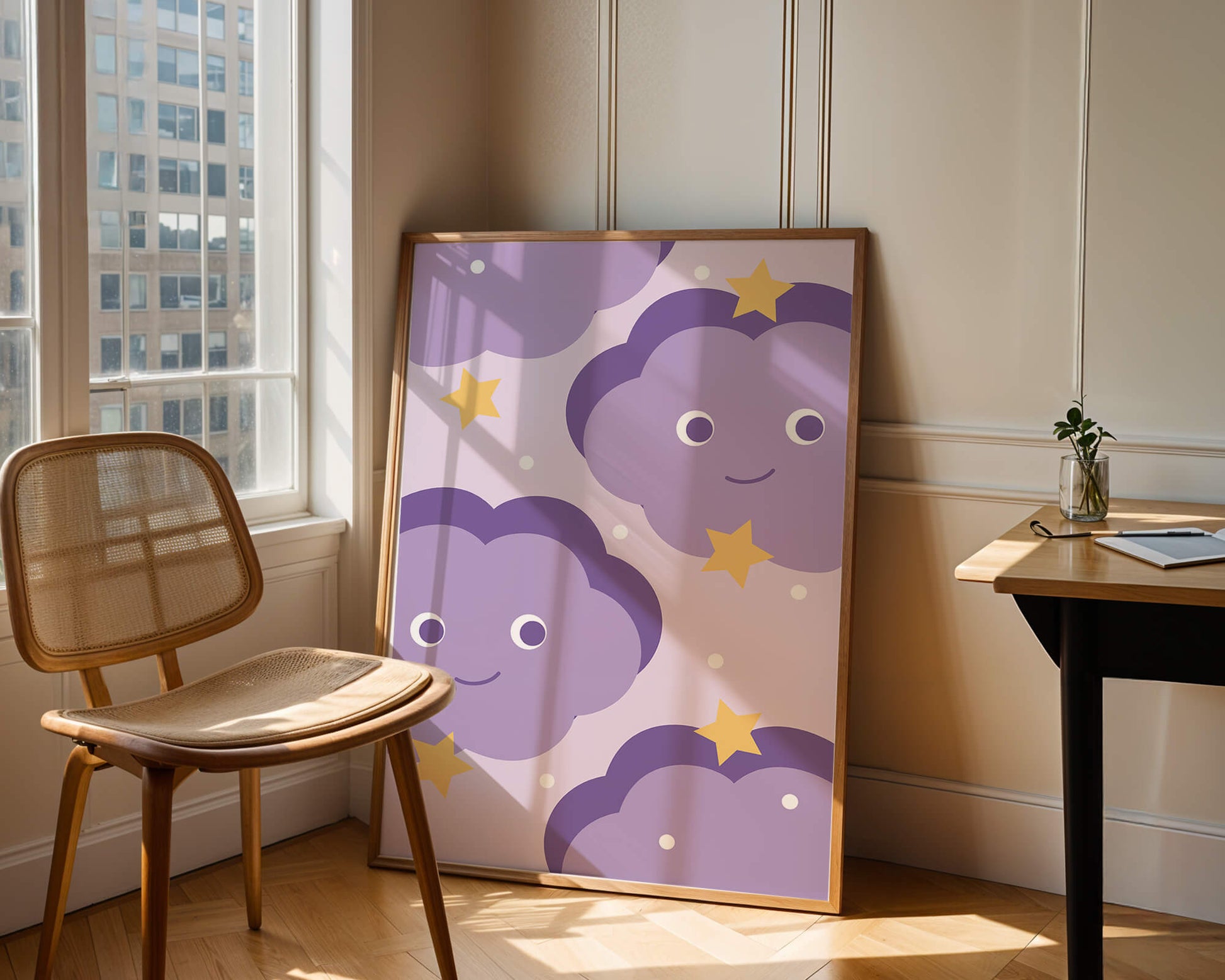 Whimsical purple cloud and star pattern for children's room decor