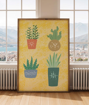 Illustrated potted plants on textured yellow background