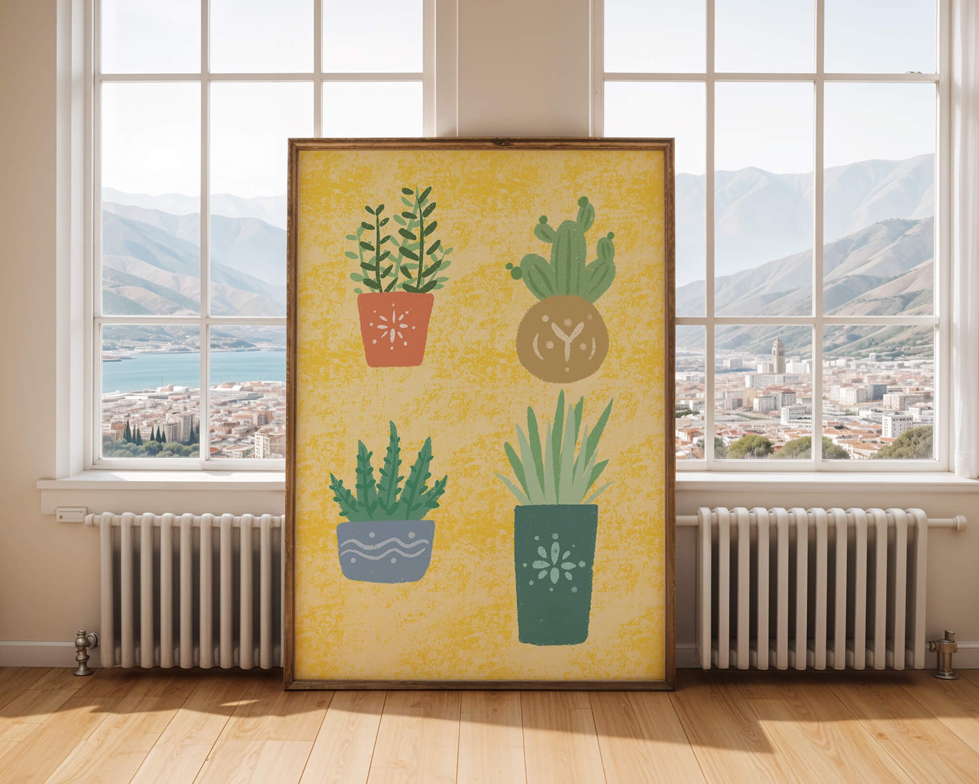 Illustrated potted plants on textured yellow background