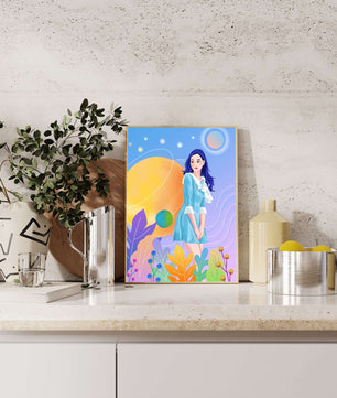 Ilustración de fantasía de una mujer en un jardín cósmico con colores vibrantes