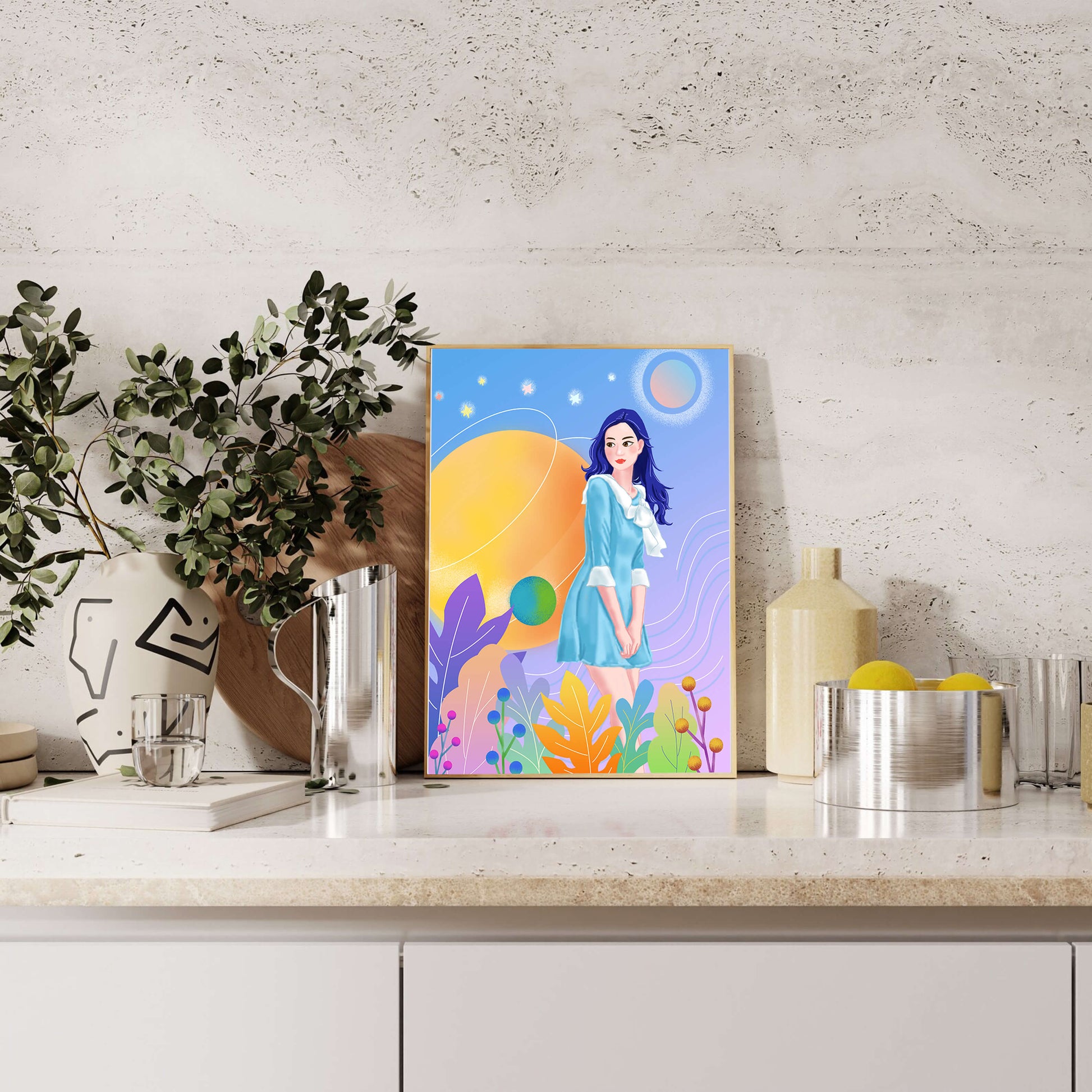 Ilustración de fantasía de una mujer en un jardín cósmico con colores vibrantes