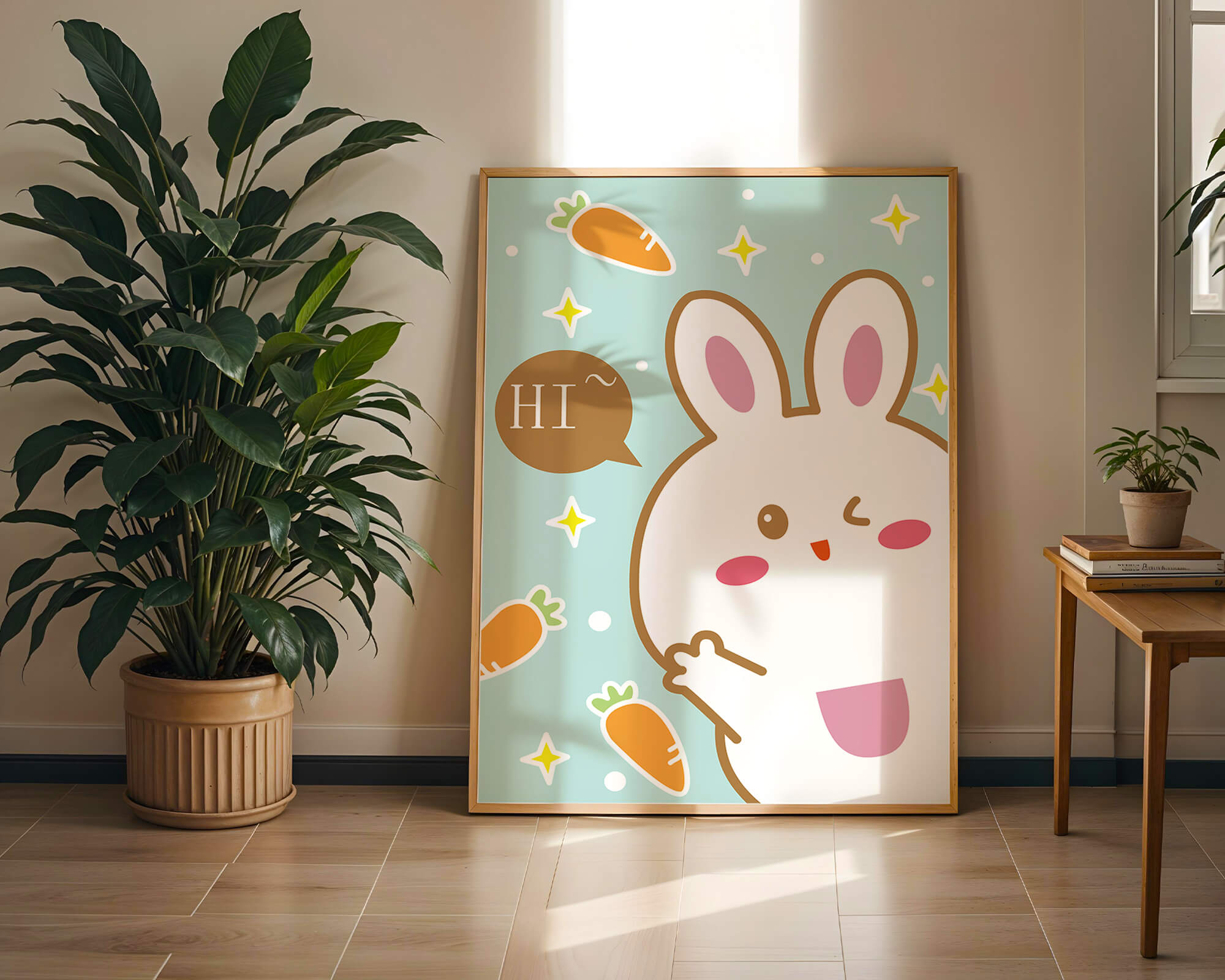 Playful cartoon bunny with carrots and stars on teal background