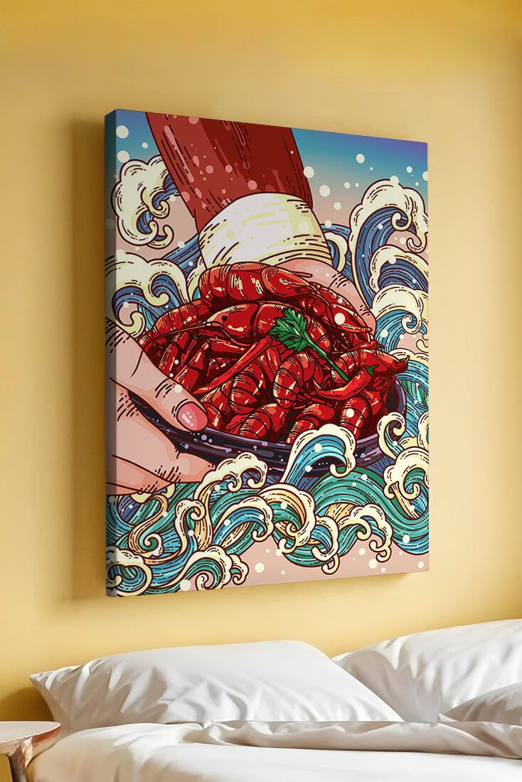 Colorful Cartoon Illustration of Hand Holding Crawfish Over Decorative Waves
