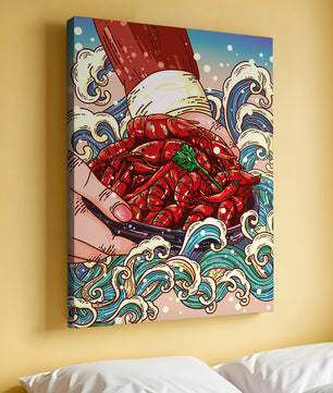 Colorful Cartoon Illustration of Hand Holding Crawfish Over Decorative Waves