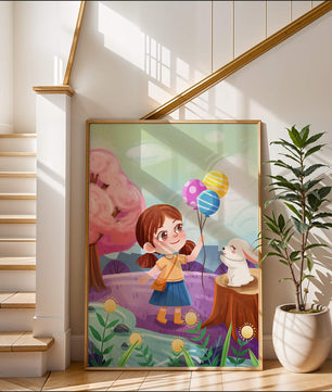 Charming Landscape with Girl Holding Balloons and White Bunny in Enchanted Forest